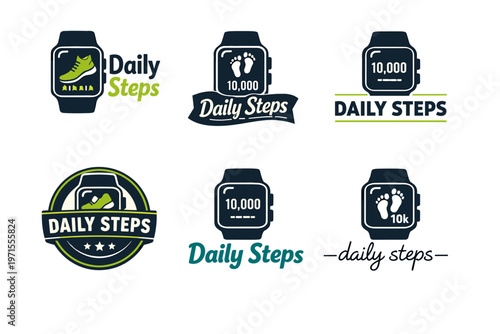 Set of fitness tracker logos highlighting daily step goals with modern design
