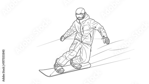 A snowboarder wearing a helmet and goggles rides down a snowy slope in a dynamic pose with motion lines, depicted in a black and white line drawing style against a clean white background.