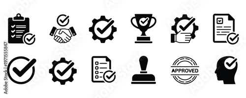 Black icons of checkmarks and approval symbols for business and quality control