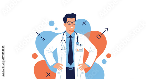 Professional male doctor in a white coat and stethoscope standing confidently against a modern abstract background design.