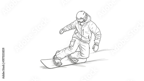A snowboarder in a snowsuit and helmet glides down a slope with a dynamic motion, depicted in a sketchy line drawing style on a white background.