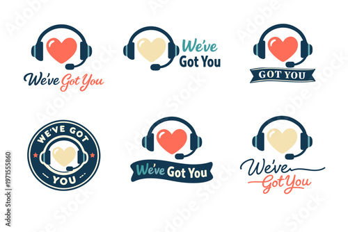 Creative hearthead headset logos with "we've got you" messages