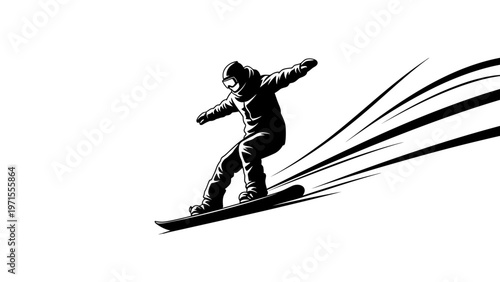 A snowboarder in a dynamic pose with motion lines on a plain white background in a black and white graphic illustration.