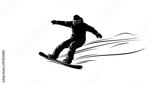 A snowboarder in black clothing rides down a snowy slope with motion lines against a white background in a graphic illustration.