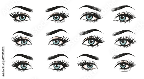 Collection of twelve beautiful female eyes featuring various eyebrow shapes and eyelash styles in a detailed illustration.