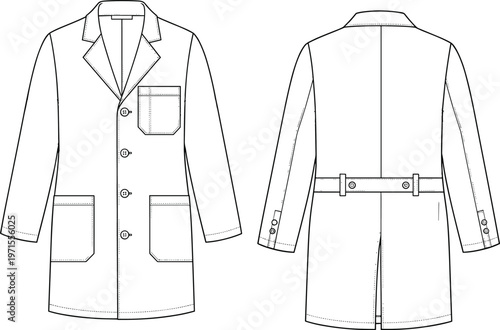 Trench coat vector template, long coat front and back views, classic outerwear design, fashion apparel mockup, clothing technical drawing illustration