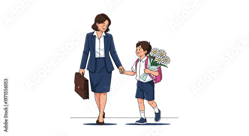 Professional woman walking hand in hand with her young son wearing a school uniform and carrying flowers.