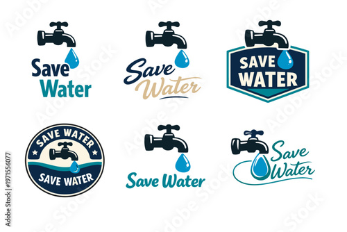 Save water campaign logos with faucet and droplet designs