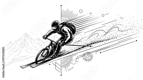 A black and white illustration of a cyclist in motion with abstract lines and shapes in the background against a mountainous landscape.