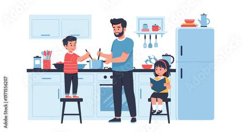 Father cooking with his young son and daughter in a bright modern kitchen, creating a happy family moment.
