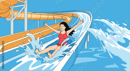 Happy young woman splashing down a large blue water slide at a theme park with waves and sky.