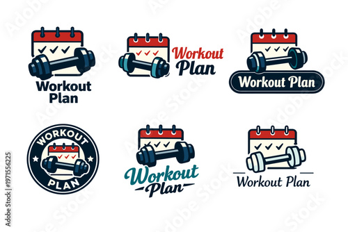 Workout plan logos featuring dumbbells and calendars in various designs