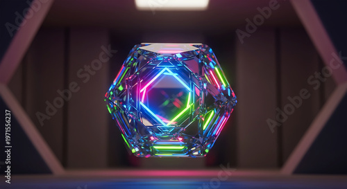 Futuristic geometric crystal sphere with neon glowing light effects