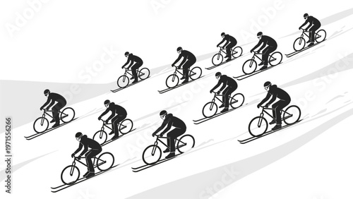 Silhouette of a cyclist riding a bicycle in multiple positions on a white background with gray shadows.