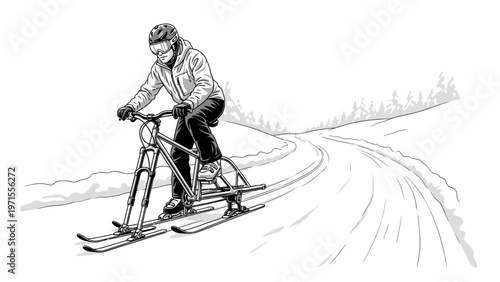Black and white illustration of a skier riding a ski bike down a snow-covered trail with trees in the background.