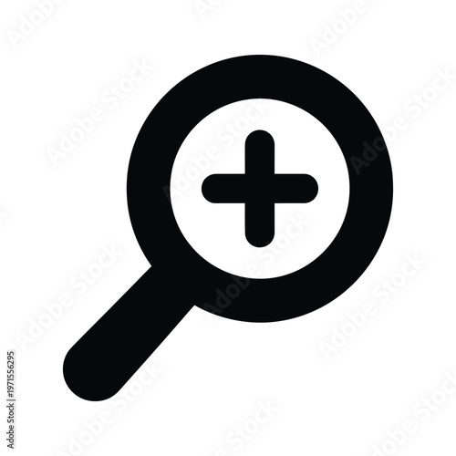 Magnifying glass focusing on a large plus symbol within a circle