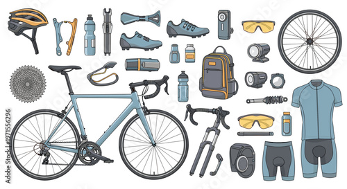 Extensive collection of road cycling equipment including a bicycle, helmet, jersey, shoes, tools, and accessories.