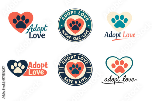 Adopt love logos featuring paw print designs and heart motifs