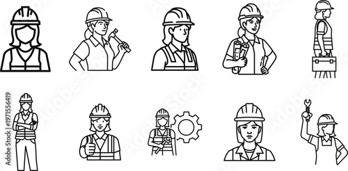 Black and white line drawing of ten different construction workers Vector