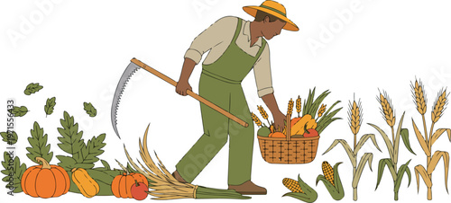 African american farmer harvesting pumpkins and wheat with scythe in flat illustration style autumn farm scene.