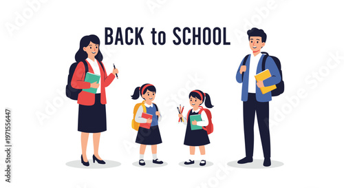 Diverse group of school children and their teachers standing together with backpacks and books for school.