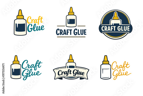 Craft glue logo designs featuring bottle icons and creative typography