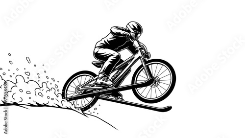 A cyclist wearing a helmet rides a bicycle with skis attached to the wheels down a slope with a dynamic motion blur effect on a white background.
