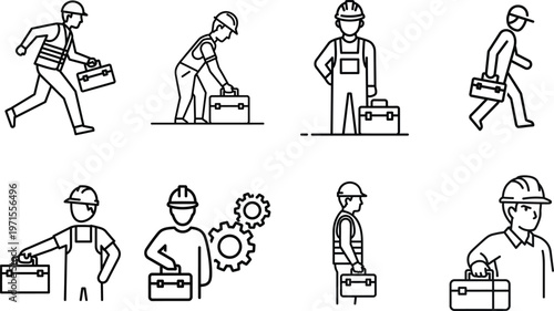 Eight workers in different poses with toolboxes and hard hats Vector
