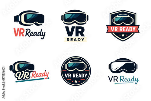 Vr ready logos with virtual reality goggles in various styles