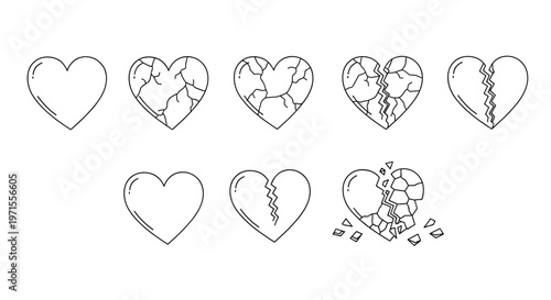 Line art illustration showing several stages of a heart cracking and eventually shattering into small fragments.