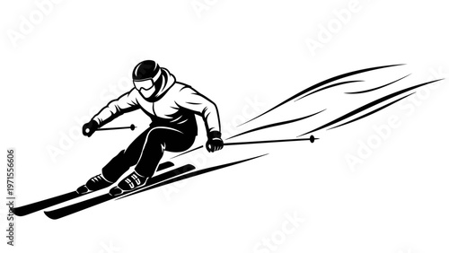 A black and white illustration of a skier in motion, speeding down a slope with dynamic lines, wearing a helmet and ski gear on a plain background.