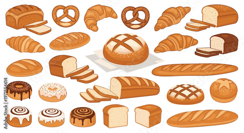 Large collection of baked goods including various breads, croissants, pretzels, and donuts on a white background.