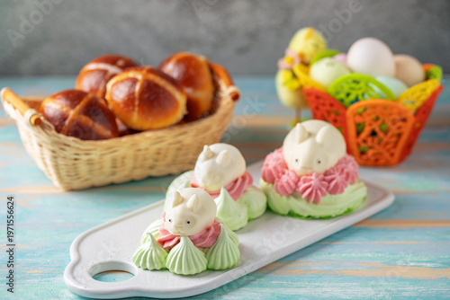 Photos Easter cheesecake or marshmallow bunnies on a plate.