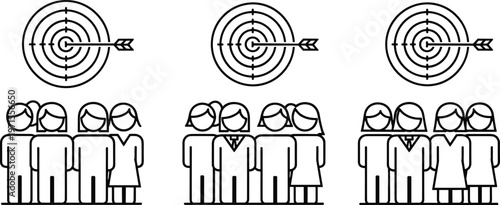 Target audience team icon set, customer segmentation marketing strategy, business group focus concept, minimal outline vector illustration design