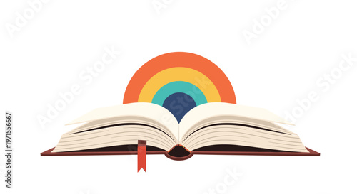 Inspiring open book with a bright colorful rainbow emerging from its pages against a white background.