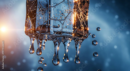 Melting ice cube with water droplets against a blue bokeh background