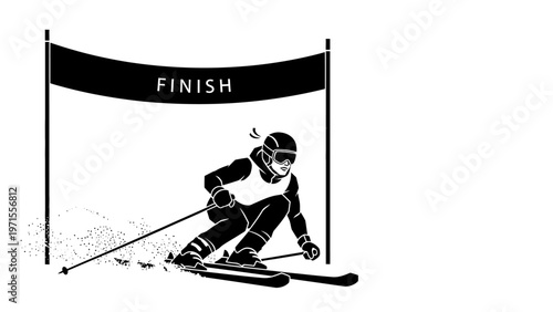 A black and white illustration of a skier crossing the finish line with skis and poles in a dynamic pose.