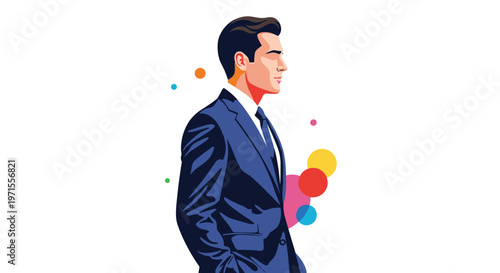 Profile portrait of a confident and successful professional man wearing a tailored blue suit and white shirt.