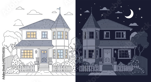 Split illustration of a suburban house shown in bright daytime on the left and a quiet night scene on the right.
