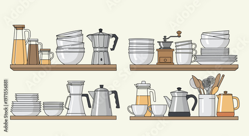 Organized kitchen shelving featuring a collection of plates, bowls, coffee makers, and wooden cooking utensils.