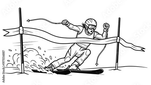 A skier in a racing suit crosses the finish line with a ribbon, arms raised in triumph on a snowy slope.