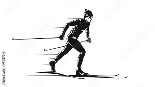 A black and white illustration of a skier in motion with speed lines against a clean white background.