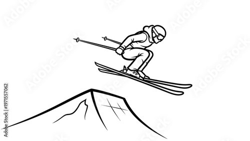 A skier in a dynamic stance jumps off a mountain peak with ski poles on a white background in a minimalist illustration.