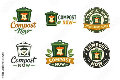 Compost now logos featuring recycling bin and apple core imagery