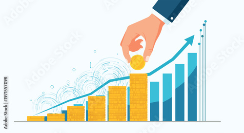 Successful financial growth concept showing a hand placing a gold coin on top of a rising bar chart made of coins.