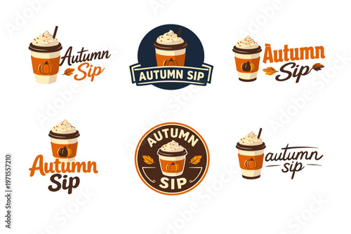 Autumn sip logos with pumpkin spice latte illustrations and seasonal design elements
