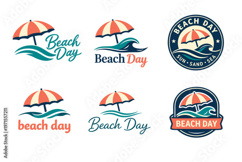 Beach day logo collection with umbrellas and waves