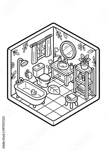 Cute isometric room interior coloring page illustration in black and white line art. Features various home spaces such as bedroom, playroom, and living areas with detailed objects. Perfect for kids co