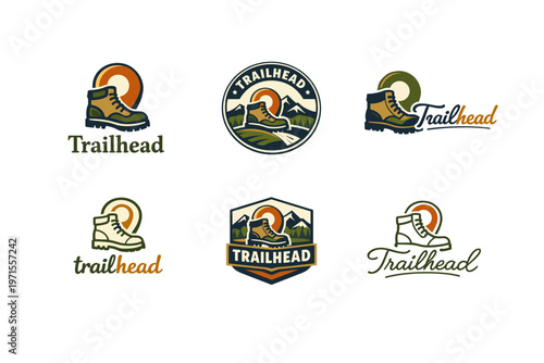 Trailhead logo designs featuring hiking boot and mountain themes