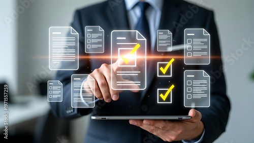 Businessman hand using digital tablet and touching touch screen button for digital communication and technology concept